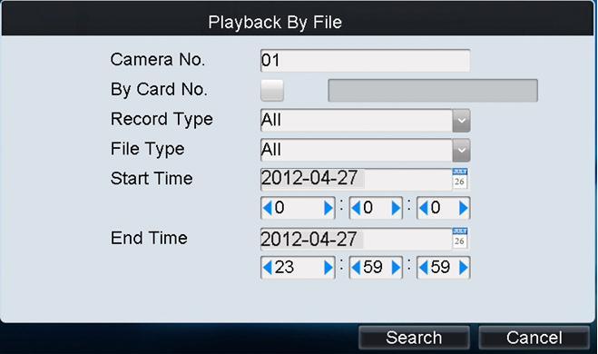 1. Playback by File: (1) Click Playback beside Playback By File on the Remote Playback interface to enter the Playback By File interface. (2) Input the Camera No. for playback.