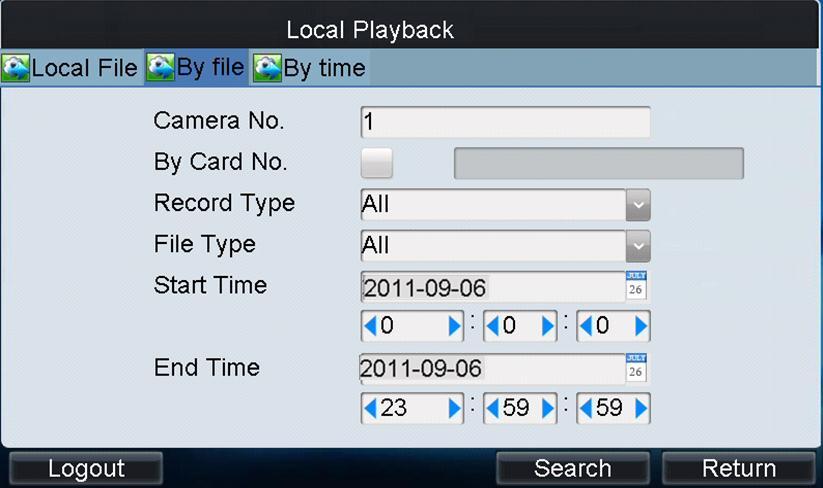 Set the start time and end time of the video files for playback. 5. Click Search to search the matched video files.