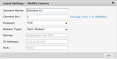 5.2.2 Input Settings Click Input on the left navigation bar to enter the Input List interface: Modifying a Camera By selecting a camera from the list and clicking the stream type.