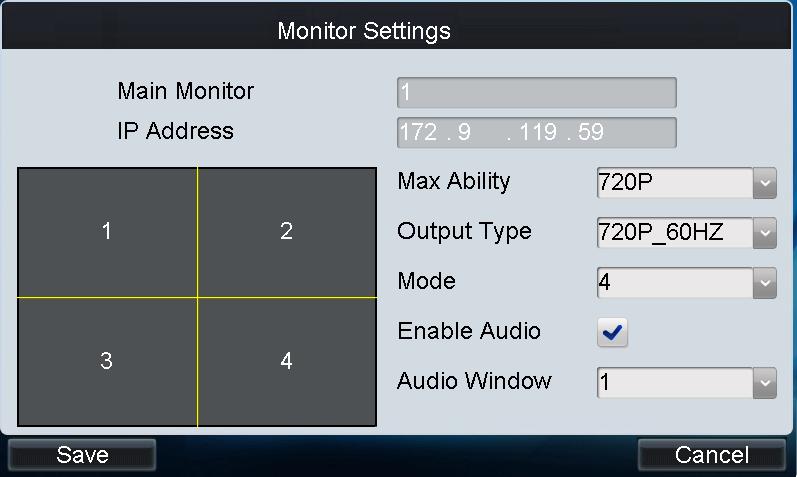 Click the button of a monitor from the list to enter the Monitor Settings interface. Configuring monitor settings: 1. Select the max. decoding ability of the decoder to D1, 720P or 1080P. 2.