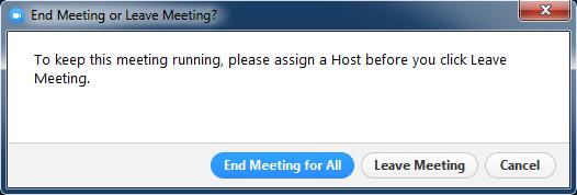 Assign New Host If you want a meeting to continue after you leave the meeting, assign a new host: 1. Select Manage Participants in the meeting toolbar. 2.