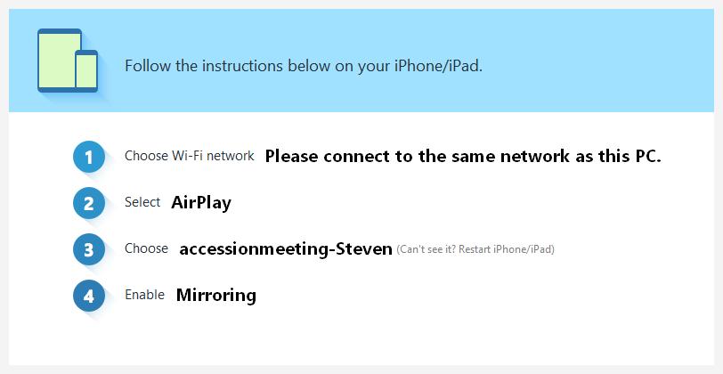 Share iphone/ipad To share the display on your iphone or ipad, click Share Screen in the meeting toolbar. Select iphone/ipad in the screen share window, then click Share Screen at the lower right.