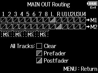 Output settings Selecting signals sent to the main outputs (MAIN OUT Routing) Selecting signals sent to the main outputs (MAIN OUT Routing) You can send either prefader or postfader signals for each