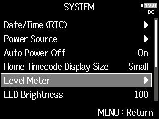 Various settings Setting level meter appearance (Level Meter) Setting level meter appearance (Level Meter) You can set how the level meters appear on the display. Setting the type 1. Press.
