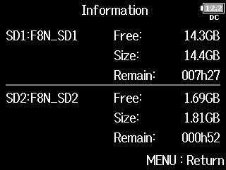 Checking SD card information (Information) You can check the size and free space of SD cards. 1. Press. 2. Use to select SD CARD, 3.