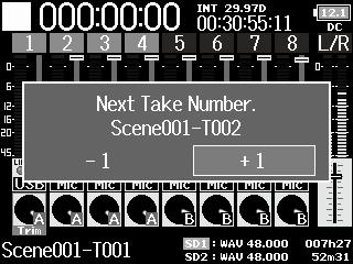 Recording take settings Changing the number of the next take recorded Changing the number of the next take recorded The number given to the next recorded take can be changed when the Home Screen is