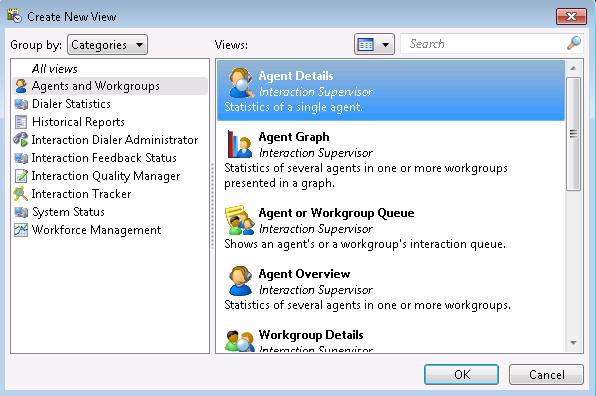 Workgroup Views Agent Details Select New Select View Group by: