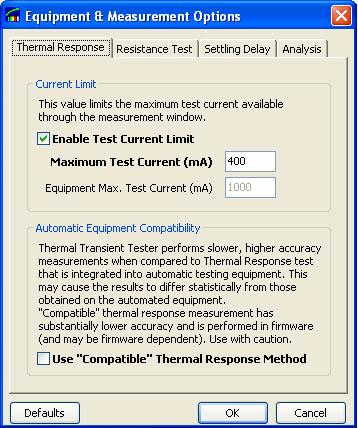 Testing Limits and Options The maximum current applied during a Thermal Transient test may be limited to a safe value regardless of the user entered test current.