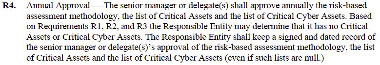 CIP-002-3 Requirements: R4 The senior manager or delegate (as defined in CIP-003-3 R2) must approve at least annually: o The RBAM (not applicable under Option 1 or 2) o The list of Critical Assets o