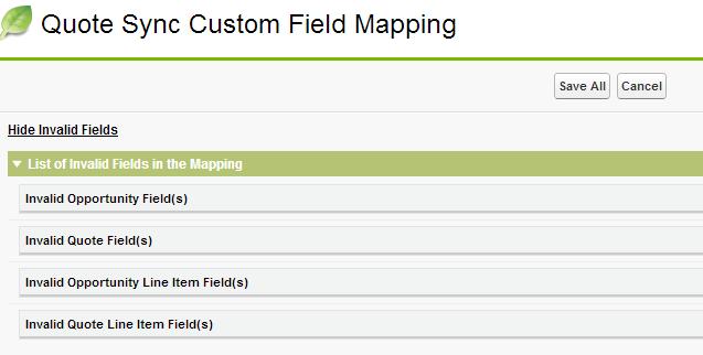 You can check to see if there are any deleted or renamed fields remaining in the mappings by going to the Quote Sync Custom Field Mapping tab and clicking the Show Invalid Fields link.