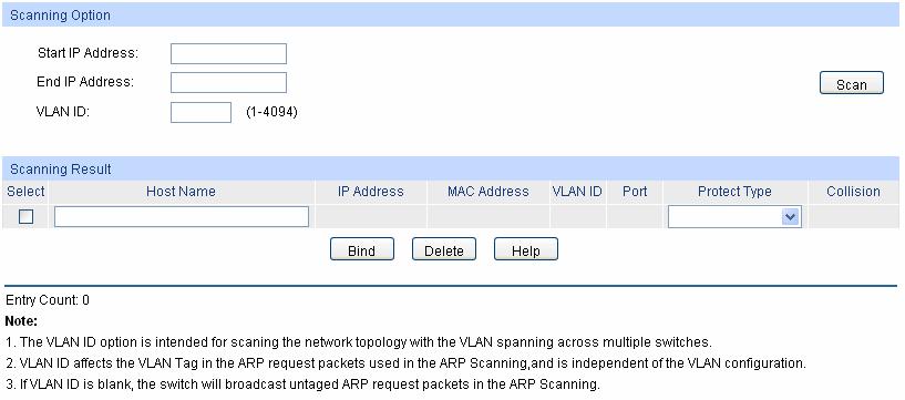 Figure 13-4 ARP Scanning The following entries are displayed on this screen: Scanning Option Start IP Address: End IP Address: VLAN ID: Scan: Specify the Start IP Address. Specify the End IP Address.