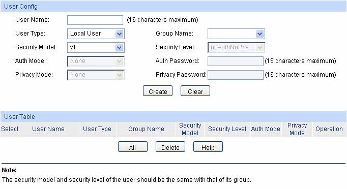 Figure 14-6 SNMP User The following entries are displayed on this screen: User Config User Name: User Type: Group Name: Security Model: Security Level: Auth Mode: Auth Password: Privacy Mode: Privacy