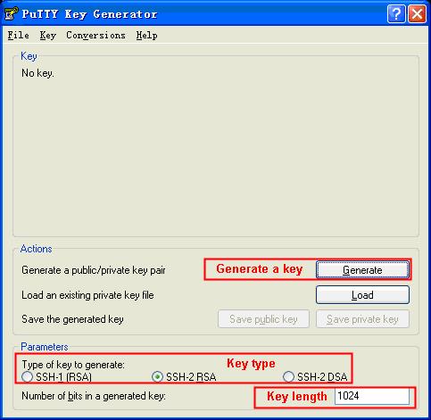 PuTTY client software is recommended. Configuration Procedure 1. Select the key type and key length, and generate SSH key. Note: 1.