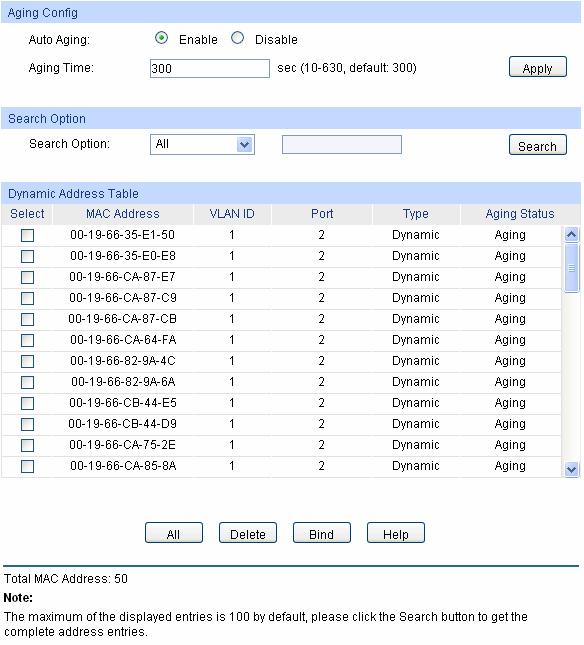 Figure 7-13 Dynamic Address The following entries are displayed on this screen: Aging Config Auto Aging: Aging Time: Allows you to Enable/Disable the Auto Aging feature.