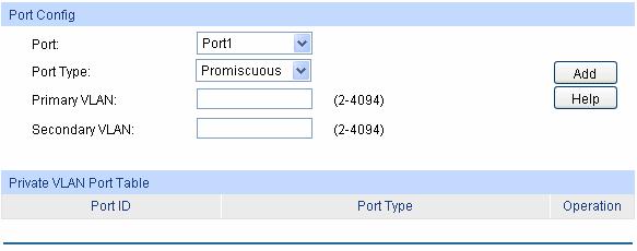 8.9.2 Port Config The Private VLAN provides two Port Types for the ports, Promiscuous and Host.
