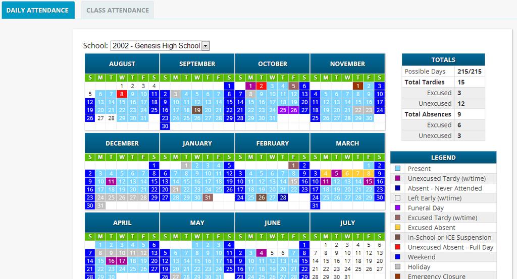 The Attendance Calendar with each day color coded A summary of the student s Attendance for the year The Legend of Attendance codes for your school district.