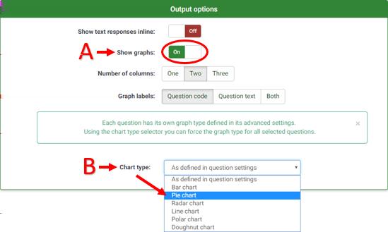 4. If you wish to see some more in-depth statistics of your survey, first navigate your way back to the Statistics page. Under Output options, you may wish to choose the following options: A.