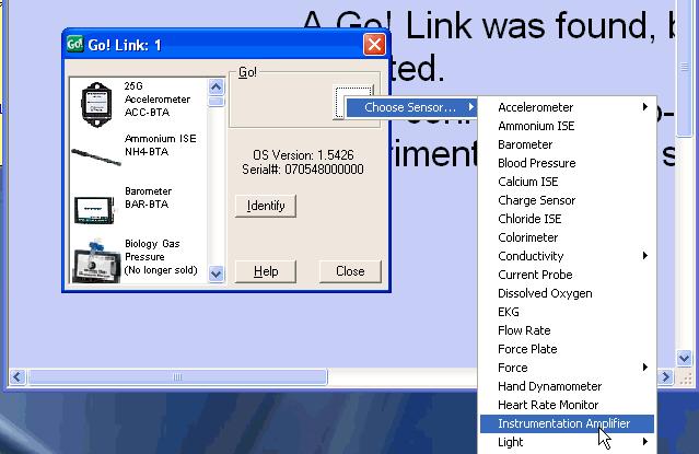 8. Left click on the white box in the Go! Link: 1 dialog box and choose Instrumentation Amplifier. 9.