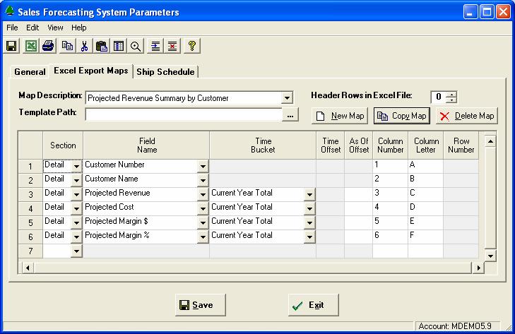Excel Export Maps Export Maps allow sales forecast and history information to be exported to Microsoft Excel in a format prescribed by the user.