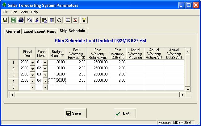 Ship Schedule Parameters This information is used for reporting purposes when the Ship Schedule is exported to Microsoft Excel. Entry of this information is optional.