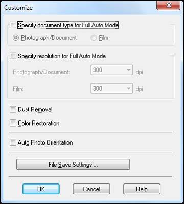 2. To select image adjustment options or change your scanned file settings, click Customize, select the settings, and click OK.