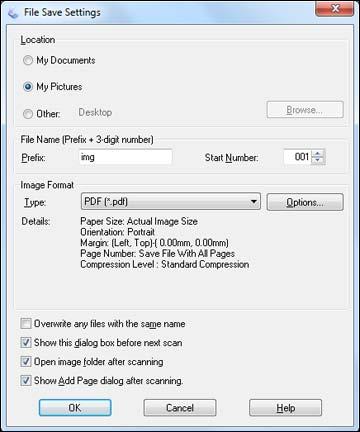 You see the File Save Settings window. 7. Select PDF as the Type setting. 8.