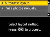 2. Press the arrow buttons to select Print Photos and press the OK button. 3. Press the arrow buttons to select Photo Layout Sheet and press the OK button. You see this screen: 4.