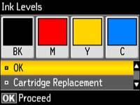 Note: The display is different depending on which ink cartridges are low or expended, if any. Displayed ink levels are approximate. 4. Press the OK button to exit.