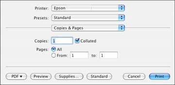 2. Select your product as the Printer setting. 3. Select the Copies and Pages settings as necessary.