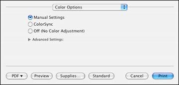 1. Select Color Options from the pop-up menu in the print window. 2. Select one of the available options. Color Options - Mac OS X 10.4 Parent topic: Printing with Mac OS X 10.
