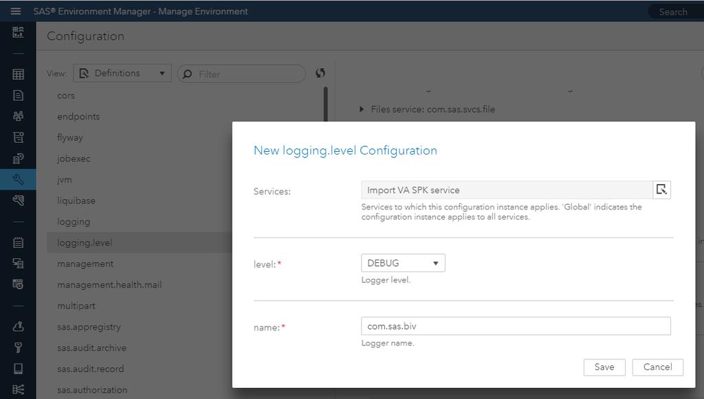 need authorization to Manage Environment. Create a new logging.level configuration definition for the service and for each logger where you need increased visibility. Figure 5.
