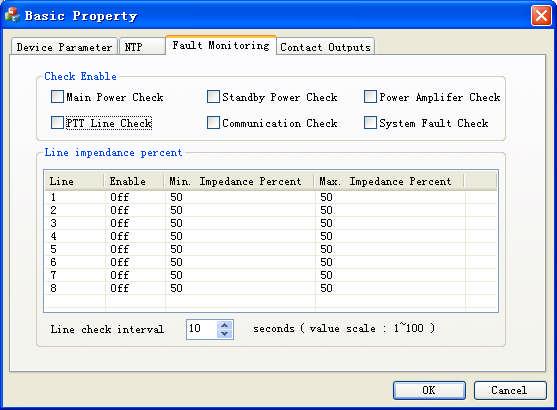 Figure 9 Basic Property Fault Monitoring Settings Set the Check Enable options as necessary. Set the Line impendence percentages. To set the line impendence percentages, follow the steps below: a.