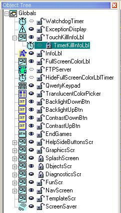 Each object instance listed in the Object Tree has an icon that shows the type of object (label, button 3D, event timer, form, line, etc.).