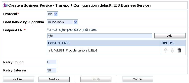 In the Transport Configuration page, select ejb as the Protocol.
