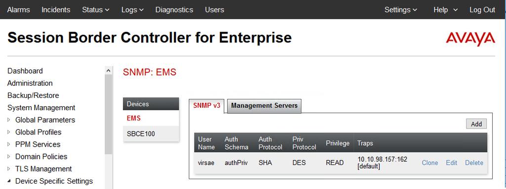 Screen below shows the SNMP v3 configured for EMS device.