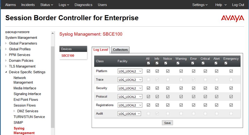 In the Log Level tab screen shown below, select the Facility configured above for the Class Platform, Trace, Security,