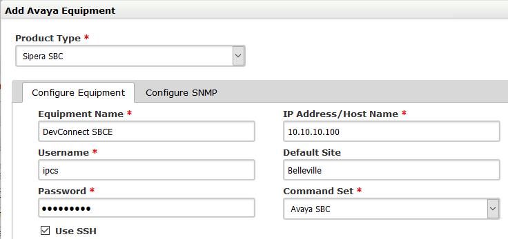 In the Configure Equipment tab, configure the following values. Equipment Name: A descriptive name. Username: The account name mentioned in Section 5.1.