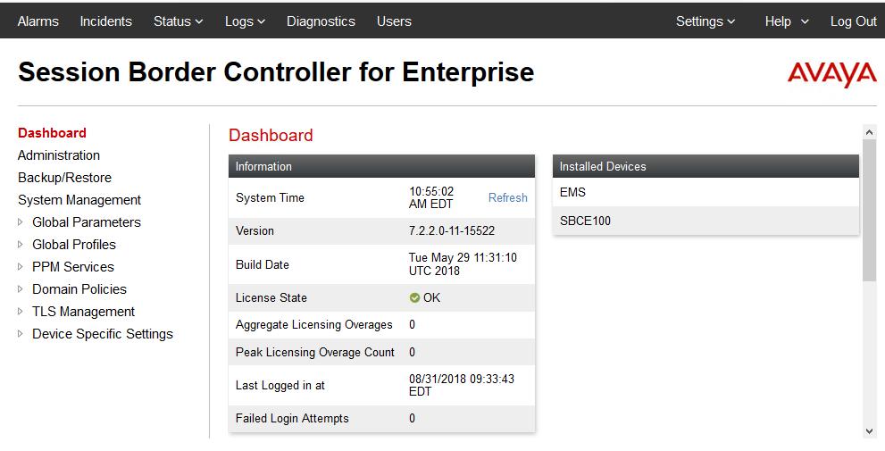 Once logged in, a dashboard is presented with a menu on the left-hand side. The menu is used as a starting point for all configuration of the Avaya SBCE.