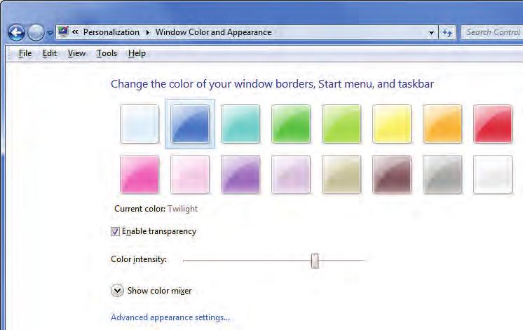 Operating Systems Basics Lesson 1 use the Window Color option to choose a specific color for the window borders, Start menu, or taskbar.