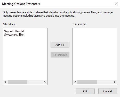 If you choose a group from the list (instead of the Only Me option), click Choose presenters to display a pop-up window for moving people from the Attendees column to the Presenters column, similar