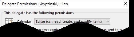 A Delegate Permissions window displays. 7. In the Calendar drop-down, select Editor (can read, create ). 8.