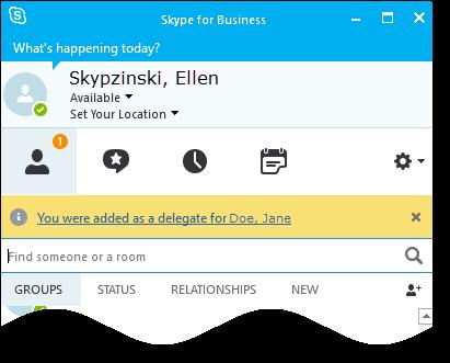 The person you delegated to will see this message in Skype for Business If you look in your own Skype for Business window, under the Groups tab, you ll see the name of the new Delegate you have just