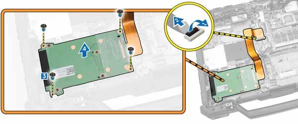 4. Perform the following steps to remove the ExpressCard board: a. Disconnect the ExpressCard board connector cable from the system board. [1,2] b. Remove the screws that secure the ExpressCard board.