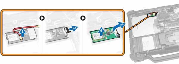 3. To remove the GPS module: a. Disconnect the GPS antenna cable from the module. [1] b. Release the GPS module from its connector to the system board. [2] c.