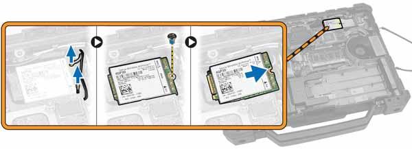 3. Perform the following steps to remove the WWAN card: a. Disconnect the antenna cables from the WWAN card. b. Remove the screw that secures the WWAN card. c. Slide the card out of the card connector on the system board and remove it.