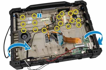 3. Perform the following steps: a. Remove the screws that secure the palmrest to the chassis. [1] b. Flip the computer over in the direction indicated.