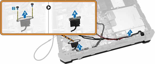 3. Perform the following steps: a. Unroute the display cables and antennas from the routing channels. [1] b. Disconnect the antennas from the modules. c. Remove the screws that secure the display connector cable cover to the system board.