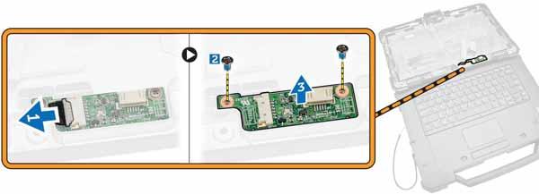 3. Perform the following steps: a. Disconnect the touch screen controller board cable. [1] b. Remove the screw that secures the touch screen controller board. [2] c.