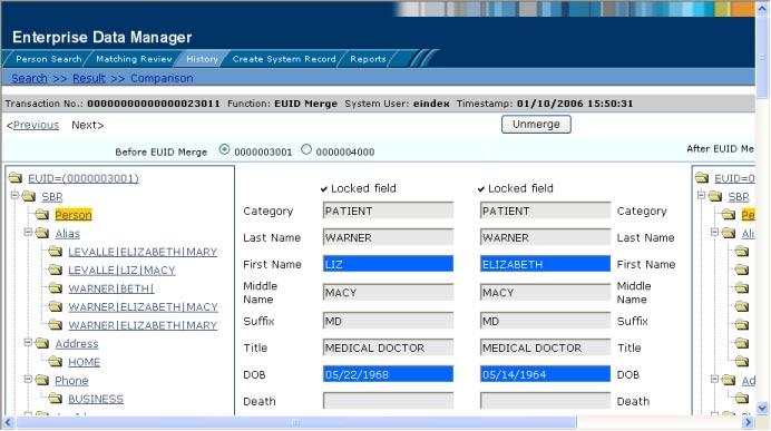 Unmerging Patient Information FIGURE 62 Unmerge Page The following topics provide instructions for unmerging profiles and system records.