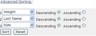 Click Advanced Sorting. The advanced sorting fields appear. FIGURE 64 Advanced Sorting for Reports b.